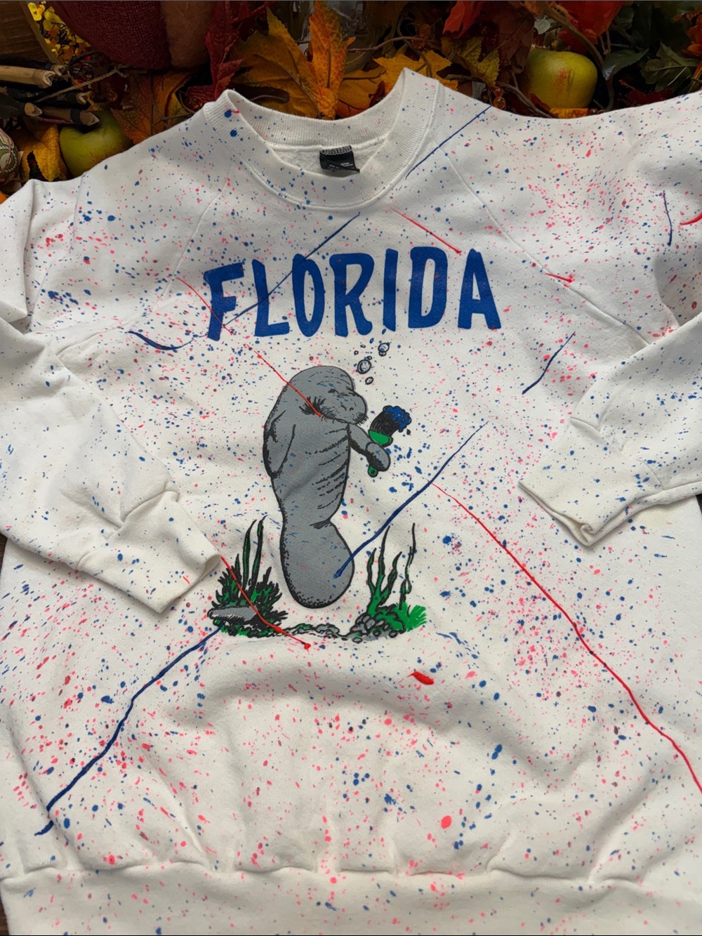 Vintage 80s Florida Manatee Paint Splatter Sweatshirt XL Screen Stars USA - Picture 3 of 11